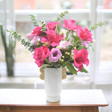 Hot Pink & Lisianthus Symphony, Hypericum, Eucalyptus, Ceramic Vase, Classic Floral Elegance